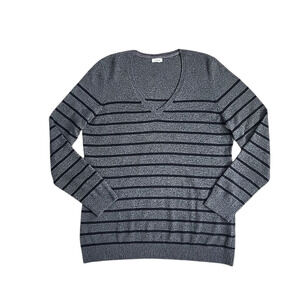 L.L.Bean 100% Cashmere V-Neck Sweater Men M Charcoal‎ Gray Stripe Classic Office